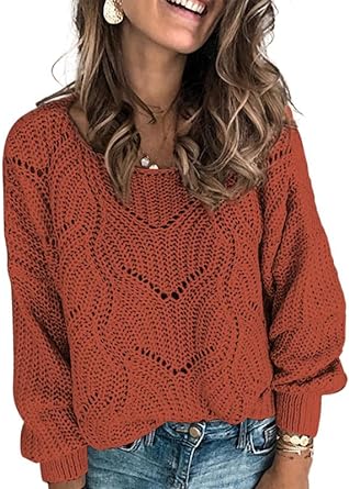 Dokotoo Womens 2023 Cute Elegant Soft Crewneck Long Sleeve Hollow Cable Knit Pullover Sweaters Clothes & Acessoires
