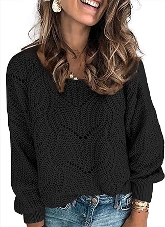 Dokotoo Womens 2023 Cute Elegant Soft Crewneck Long Sleeve Hollow Cable Knit Pullover Sweaters Clothes & Acessoires 2